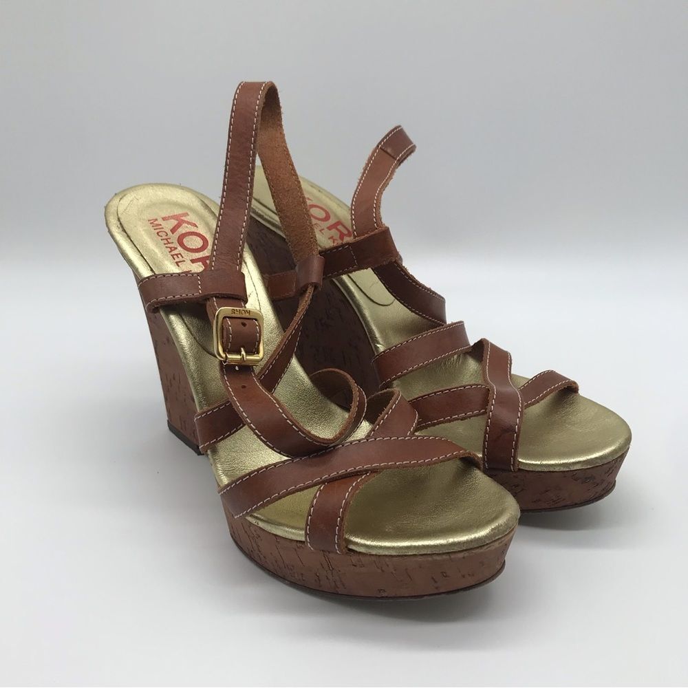 Kors Michael Kors Strappy Buckle Heels Shoes Womens Sz 7 Brown Gold Cork Wedge